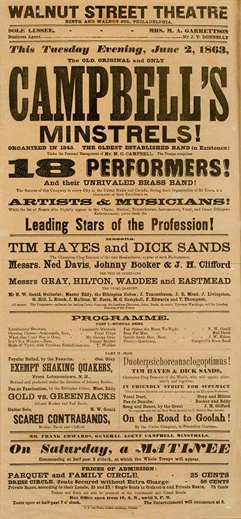 (MUSIC--MINSTRELSY.) Campbells Minstrels, organized in 1843, the oldest established band in existence. . . . 18 Performers.